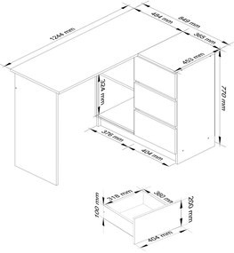 Rohový písací stôl B16 124 cm biely/wenge pravý