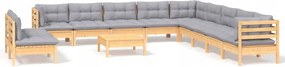 vidaXL 12-dielna sedacia súprava do záhrady, sivé vankúše, borovica