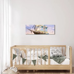 Obraz lode na vlnách (s hodinami) (90x30 cm)