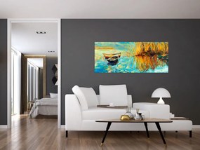 Obraz - Jazero s loďkami (120x50 cm)