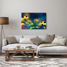 Obraz - Žltý motýľ s kvetmi (90x60 cm)