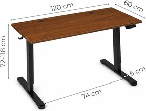 Elektrický písací stôl 120x60 cm, zdvíhateľný, výškovo nastaviteľná 72-118 cm, tmavý dub,