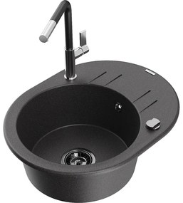 Mexen Kevin, 1-komorový granitový drez 586x458x190 mm a drezová batéria Flora, čierna škvrnitá, 6517-76-670401-07-B