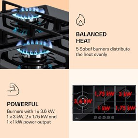 Ignito Chef Edition, plynová varná doska, 5 Sabaf horákov, 5 zón, sklokeramika