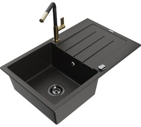 Mexen Bruno, 1-komorový granitový drez 795x495x200 mm a drezová batéria Flora, čierna-zlatá metalíza, 6513-75-670401-57-B
