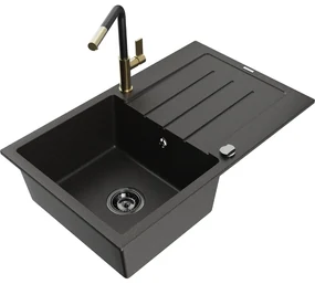 Mexen Bruno, 1-komorový granitový drez 795x495x200 mm a drezová batéria Flora, čierna-zlatá metalíza, 6513-75-670401-57-B