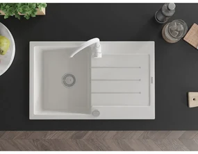 Mexen Bruno, 1-komorový granitový drez s odkvapkávačom 80x50 cm a kuchynskou batériou Telma, biela, 6513-20-670200-20