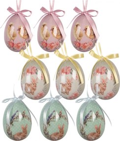 9ks dekorácia farebné závesné vajíčko s zajačikmi a kuriatkami Spring Egg - Ø 5*8 cm