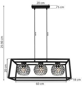 Závesné svietidlo Crystal Cage, 3x čierne krištáľové tienidlo v kovovom ráme