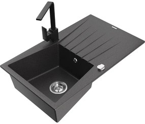 Mexen Cesar, granitový drez 775x470x190 mm, 1-komorový, čierna škvrnitá s chrómovým sifónom a čierna drezová batéria Rita, 6514-76-670300-70