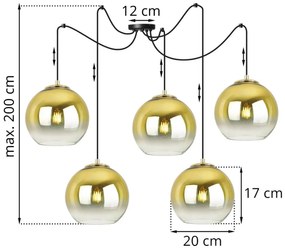 Závesné svietidlo Bergen Gold Spider, 5x zlaté/transparentné sklenené tienidlo (fi 20cm)