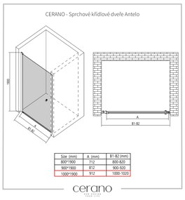 Cerano Antelo, 1-krídlové sprchové dvere 100x190 cm, 6mm číre sklo, čierny profil, CER-CER-432385