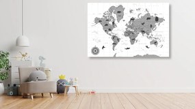 Obraz na korku čiernobiela mapa s charakteristickými zvieratami