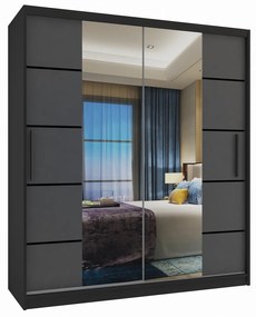 Šatníková skriňa 133 cm Belini čierny mat / šedý mat s posuvnými dverami zrkadlom a zásuvkami ME SZP6/1/B/SR/0/KLP