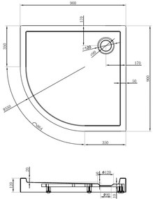 Mexen Flow+, štvrťkruhová sprchová vanička 90 x 90 cm, čierna matná, 46Q709090H
