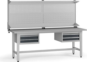 Výškovo nastaviteľný dielenský stôl G5 s nadstavbou, 2100 x 750 x 800-1000 mm, 2x kontajner, 4 zásuvky, grafit