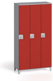 Šatníková skriňa S4, 3 oddiely, 1750 x 900 x 400 mm, demont, otočný zámok, sivá/červená