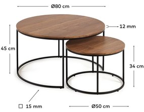 Hnedé okrúhle konferenčné stolíky v súprave 2 ks s doskou v dekore orechového dreva ø 80 cm Yona - Kave Home