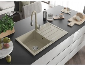 Mexen Bruno, 1-komorový granitový drez 795x495x200 mm a drezová batéria Savita, béžová, 6513-69-672601-69