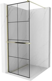 Mexen Kioto+, sprchová zástena s poličkou a držiakom na uteráky 90 x 200 cm, 8mm číre sklo vzor čierny, zlatý profil, 800-090-121-50-77