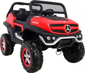 Ramiz Mercedes Benz Unimog elektrické autíčko pre deti červené + pohon 4x4 + diaľkové ovládanie + nosič batožiny + pomalý štart + MP3 + LED