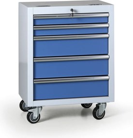 Pojazdný dielenský box na náradie G2, 5 zásuviek, 645 x 460 x 860 mm, modrá