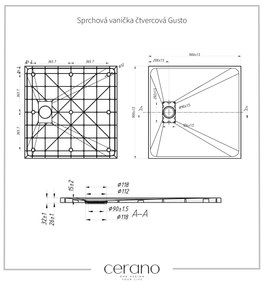 Cerano Gusto, štvorcová sprchová vanička 90x90x3 cm z minerálneho kompozitu, čierna matná, CER-CER-414569