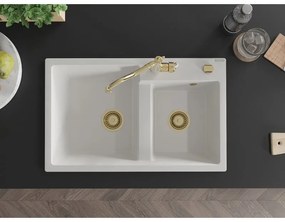 Mexen Tomas, granitový drez 800x500x190 mm, 2-komorový a drezová batéria Carla, biela, 6516-20-670700-50