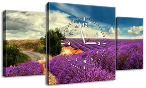 Gario Obraz s hodinami Čarovná levanduľová krajina - 3 dielny Rozmery: 80 x 40 cm