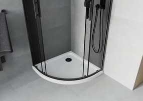 Mexen Rio, štvrťkruhový sprchovací kút s posuvnými dverami 80(dvere) x 80(dvere) x 190 cm, 6mm šedé sklo, čierny profil + biela sprchová vanička SLIM, 863-080-080-70-40-4110B