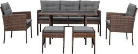 Garden Line SÚPRAVA RATANOVÉHO NÁBYTKU „VADUZ“ (SOFA + 2 KRESLÁ + 2 TABURETY + STÔL) HNEDÁ + ŠEDÉ VANKÚŠE *9590