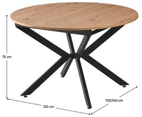 Jedálenský rozkladací stôl, dub artisan/čierna, 120x120-160x75 cm, ABERO TYP 2