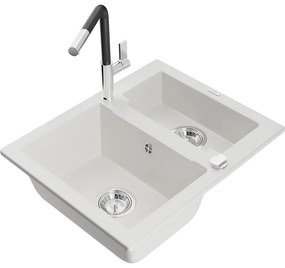 Mexen Carlos, 1,5-komorový granitový drez 582x475x177 mm a drezová batéria Flora, biela, 6518-20-670401-07