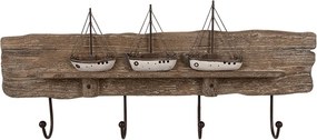 Hnedý antik drevený nástenný vešiak s loďkami - 63*8*27 cm