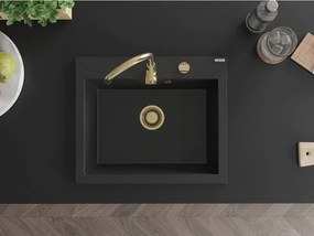 Mexen Elix, 1-komorový granitový drez 600 x 500 mm, čierna/strieborná metalíza, zlatý sifón - 6525601005-73-G