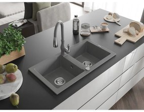 Mexen Mario, 2-komorový granitový drez 820x436x161 mm a drezová batéria Savita, šedá, 6504-71-672601-71