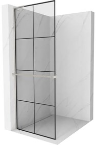 Mexen Kioto+ L, sprchová zástena Walk-In s poličkou a vešiakom 90 x 200 cm, 8mm číre sklo čierny vzor, brúsená oceľ profil, 800-090-123-97-77