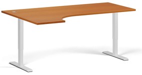 Rohový výškovo nastaviteľný stôl, 180x120 cm, 2 motory, L/P, biela podnož, čerešňa