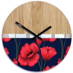 Dřevěné nástěnné hodiny Máky 33 cm dub přírodní/červené