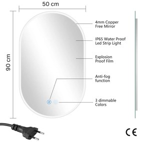Erga Demi, oválne LED zrkadlo 50x90cm, 3 farby svetla, predné osvetlenie, vyhrievacia podložka proti zapareniu, ERG-V01-DEMI-5090-CL