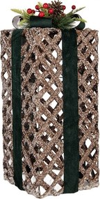 Vianočný zasnežený prútený darček s LED osvetlením - 16*16*44 cm