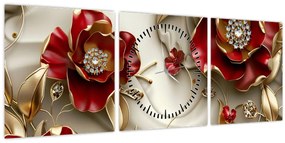 Obraz - 3D Červeno-zlaté kvety (s hodinami) (90x30 cm)