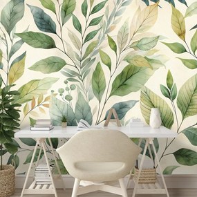 Samolepiaca tapeta zelené akvarelové listy na béžovom pozadí