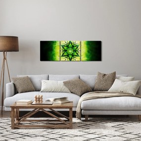 Obraz - Kvetinová mandala v zelenom pozadí (s hodinami) (90x30 cm)
