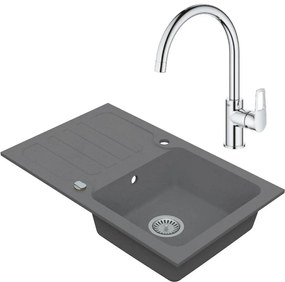 Vima Drezový set Grohe 2/C - Granitový drez s odkvapkávacou plochou 780x480 mm, sivá + Drezová batéria Grohe Bau Loop