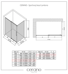 Cerano Lantono, sprchovací kút s posuvnými dverami 140(dvere) x 80(stena) x 195 cm, 8mm číre sklo, čierny profil, CER-CER-433175