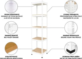 Regál 180x40x40 cm lakovaný 5-policový, nosnosť 875 kg - biely