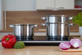 MEGAKOMBO BestBerg BBR-2000S multifunkčný kuchynský robot s nástavcami na cestoviny + 15-dielna sada hrncov a panvíc s nepriľnavým povrchom z nehrdzavejúcej ocele BestBerg BBSC-15 / strieborná