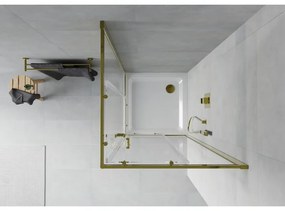 Mexen Rio, štvorcový sprchovací kút s posuvnými dverami 90(dvere) x 90(dvere) x 190 cm, 6mm číre sklo, zlatý profil + biela sprchová vanička SLIM, 860-090-090-50-00-4010G
