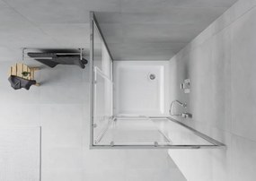 Mexen Rio, štvorcový sprchovací kút s posuvnými dverami 80 x 80 cm, 6mm číre sklo/pásy, chrómový profil + biela vysoká sprchová vanička Rio, 860-080-080-01-20-4510